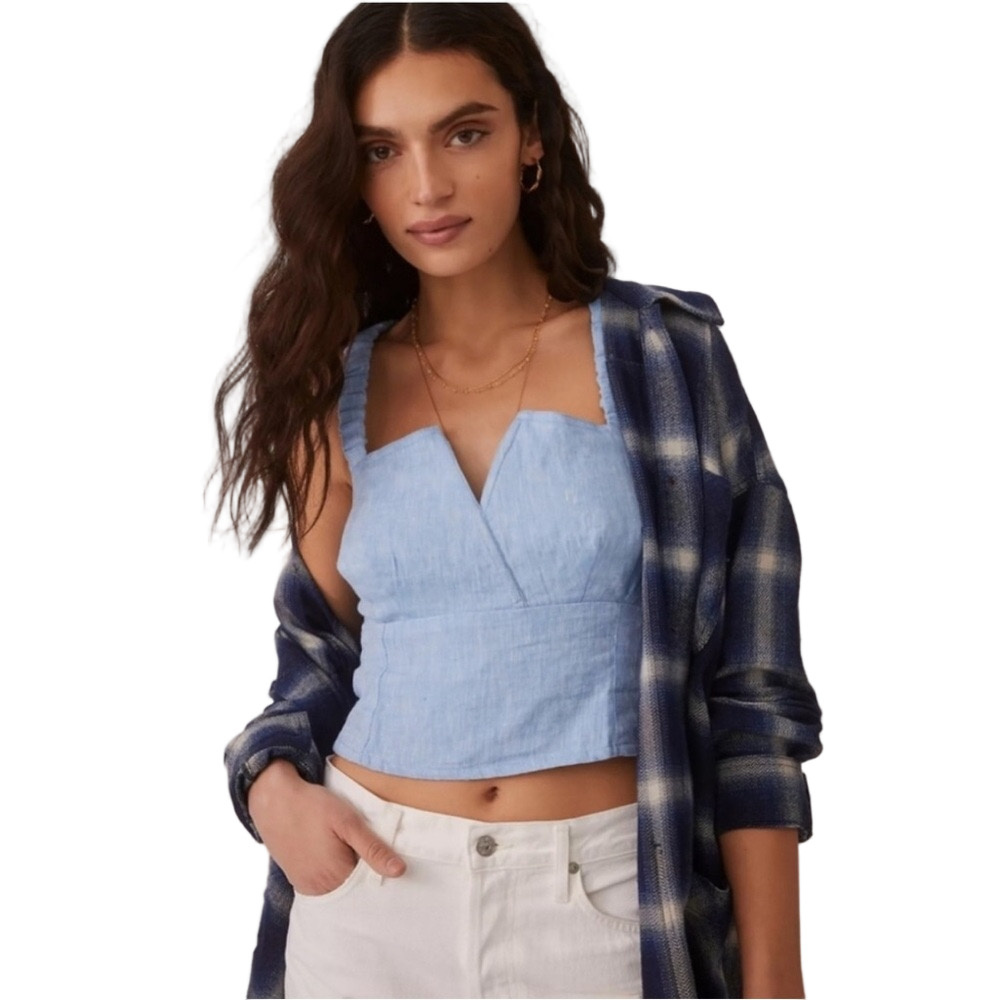 ANTHROPOLOGIE Linen Utility Corset Crop Top chambray blue size S